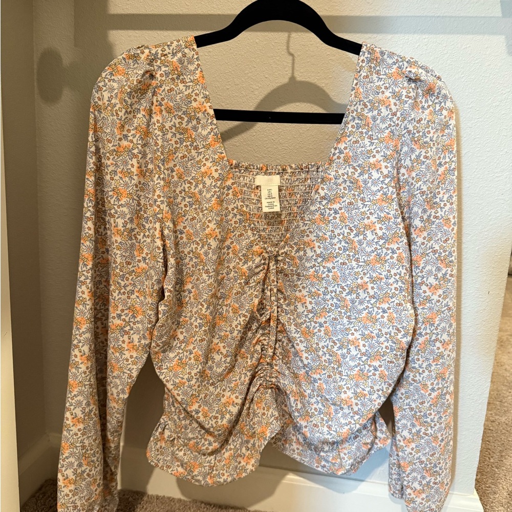 H&M Pastel Blue & Orange Floral Blouse